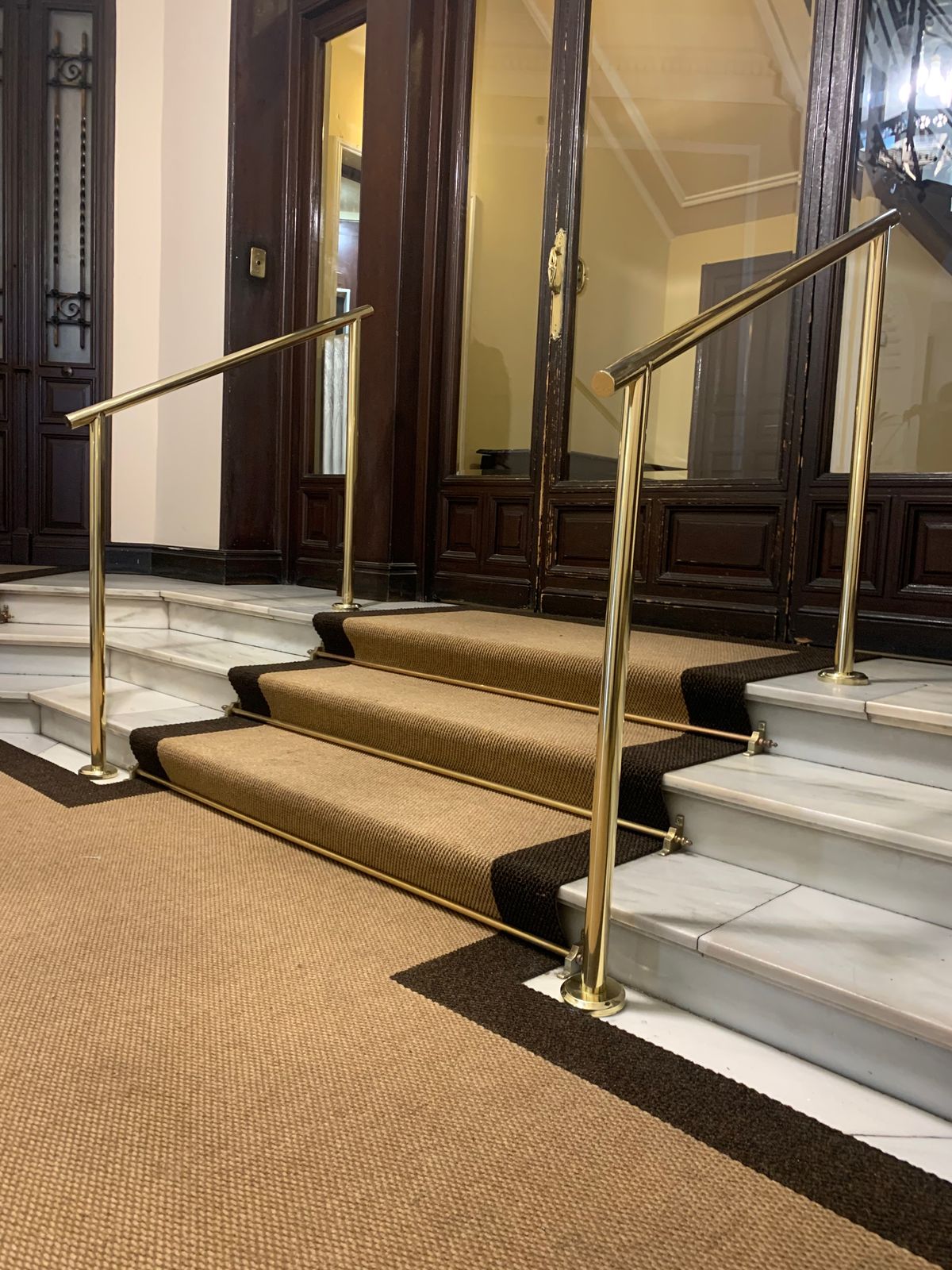 Doble pasamanos de latón en escalera de portal
